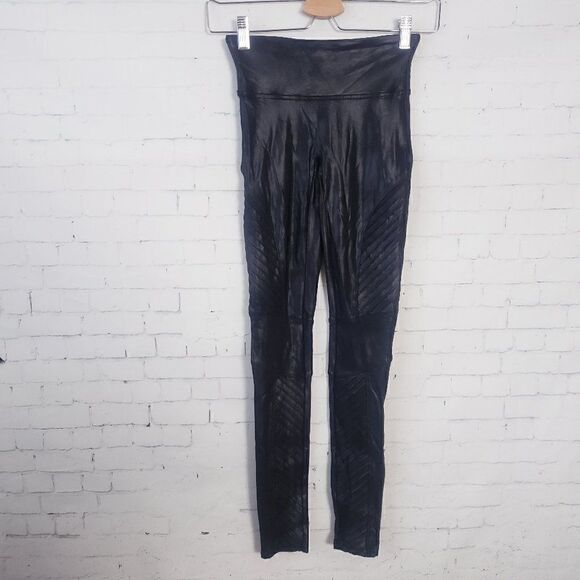 Spanx Faux Leather Moto Leggings Very Black Size XS Womens High Waist Shaping - Picture 2 of 11